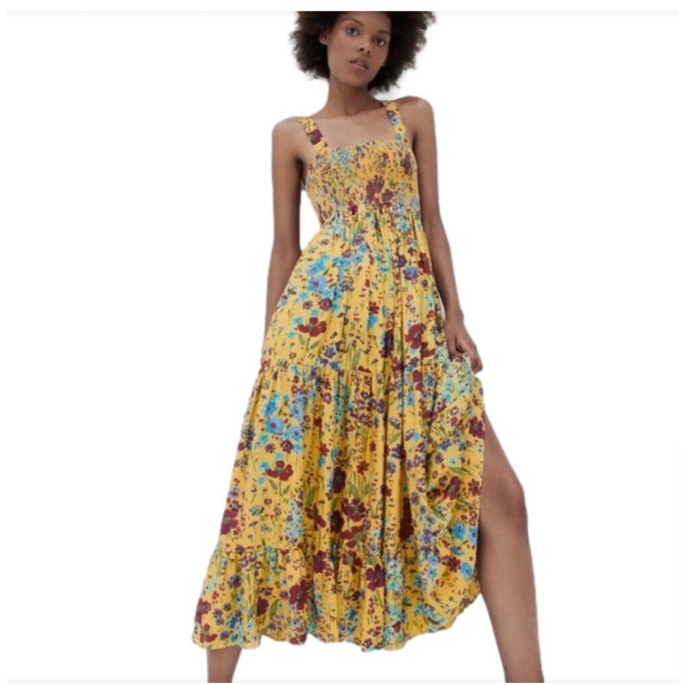 Zara Floral Print Maxi Smocked Tiered Dress Yellow Size M